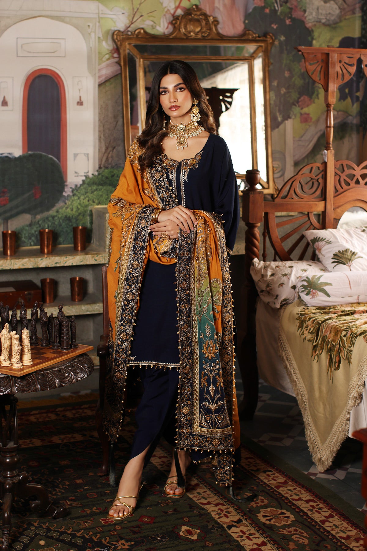 Navy Embroidered Raw Silk Salwar Kameez (3-Piece) - Image 1
