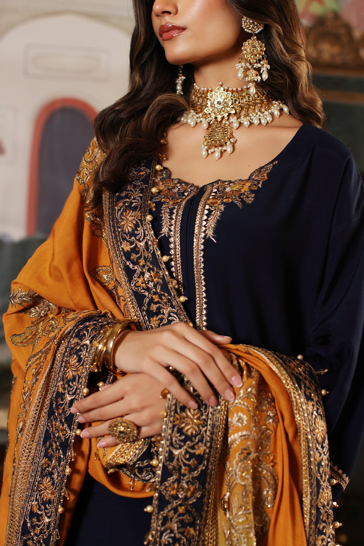 Navy Embroidered Raw Silk Salwar Kameez (3-Piece) - Image 2