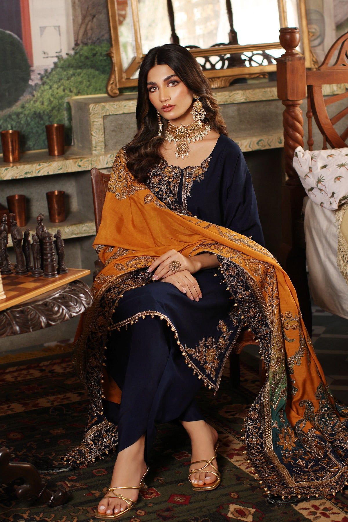 Navy Embroidered Raw Silk Salwar Kameez (3-Piece) - Image 3