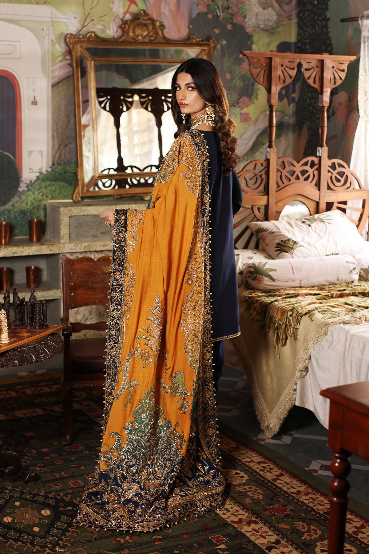 Navy Embroidered Raw Silk Salwar Kameez (3-Piece) - Image 4