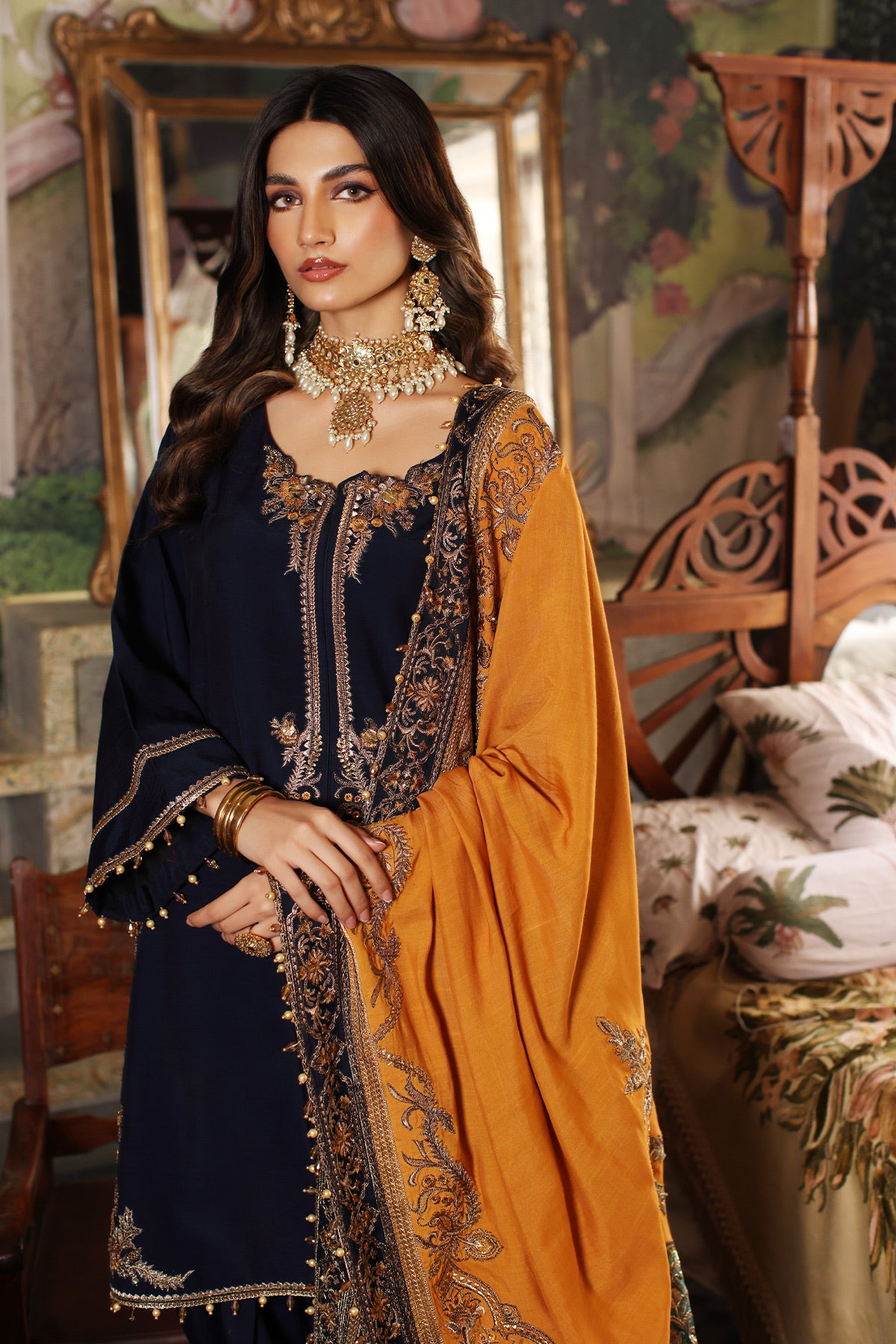 Navy Embroidered Raw Silk Salwar Kameez (3-Piece) - Image 5