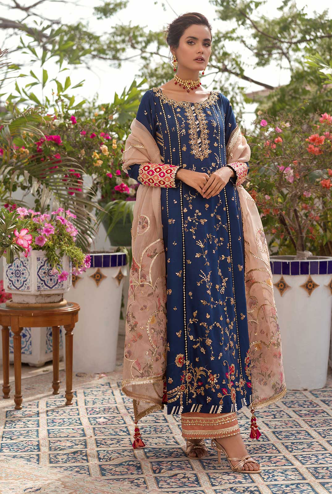 Navy Zardozi Resham Raw Silk Salwar Kameez (3-Piece) - Image 1