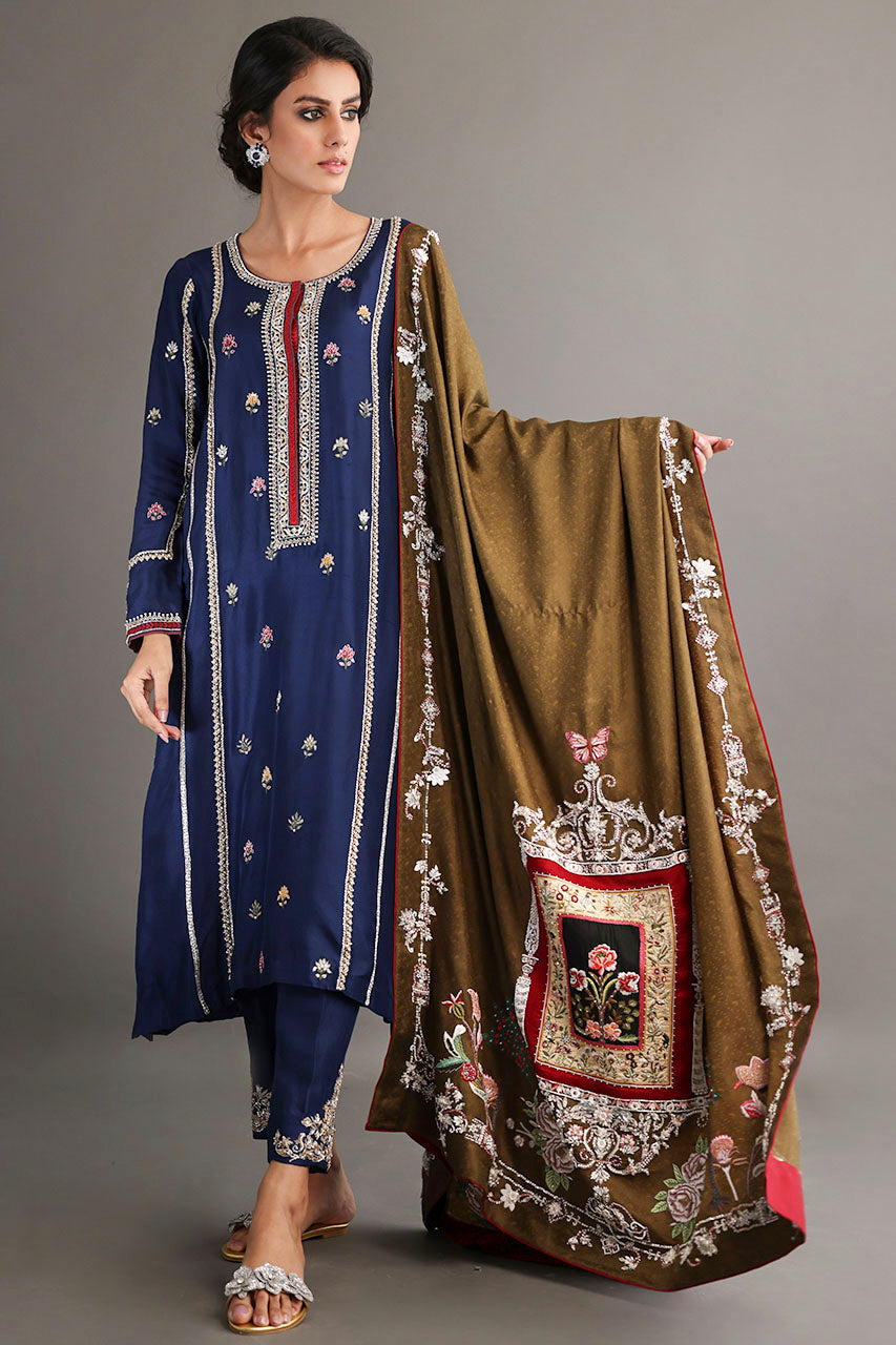 Pakistani Navy Zardozi Embroidered Raw Silk Salwar Kameez (3-Piece) - Image 1