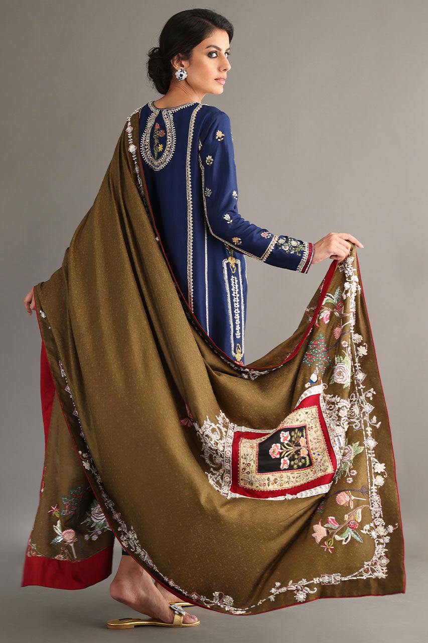 Pakistani Navy Zardozi Embroidered Raw Silk Salwar Kameez (3-Piece) - Image 3