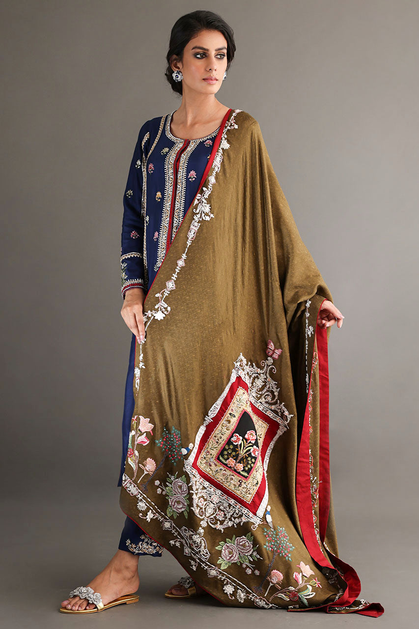 Pakistani Navy Zardozi Embroidered Raw Silk Salwar Kameez (3-Piece) - Image 4