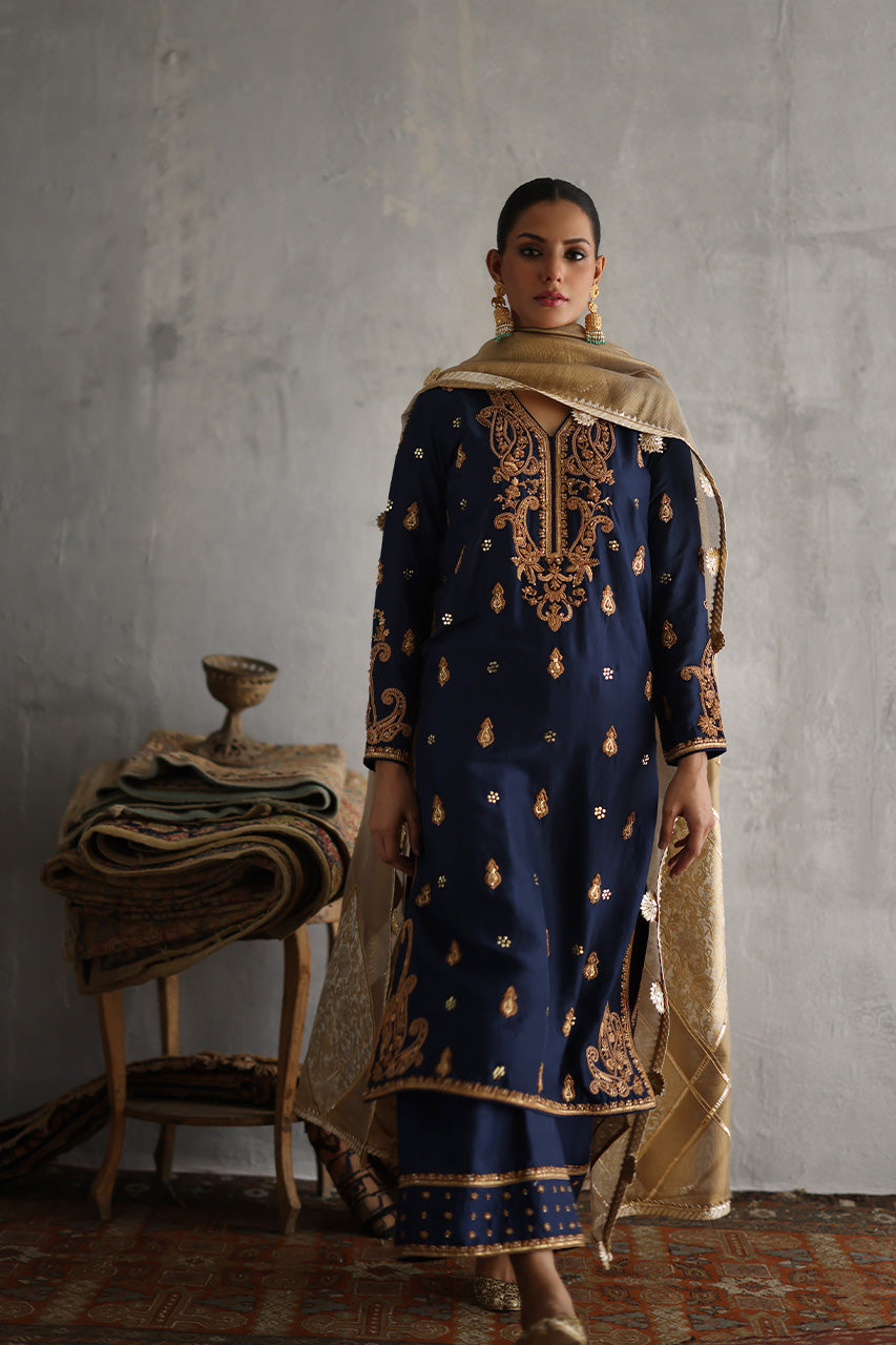 Navy Blue Marori Zardozi Raw Silk Kurta Set (3-Piece) - Image 1