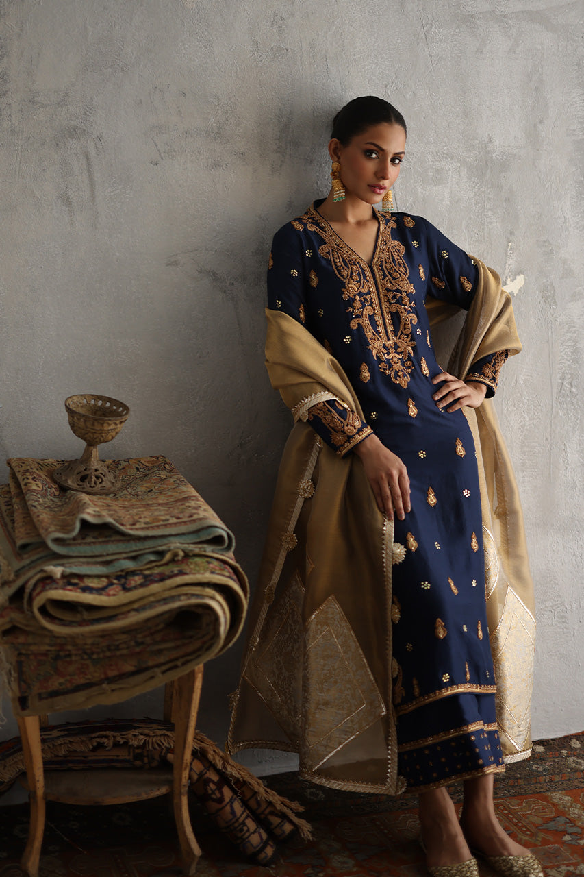 Navy Blue Marori Zardozi Raw Silk Kurta Set (3-Piece) - Image 2