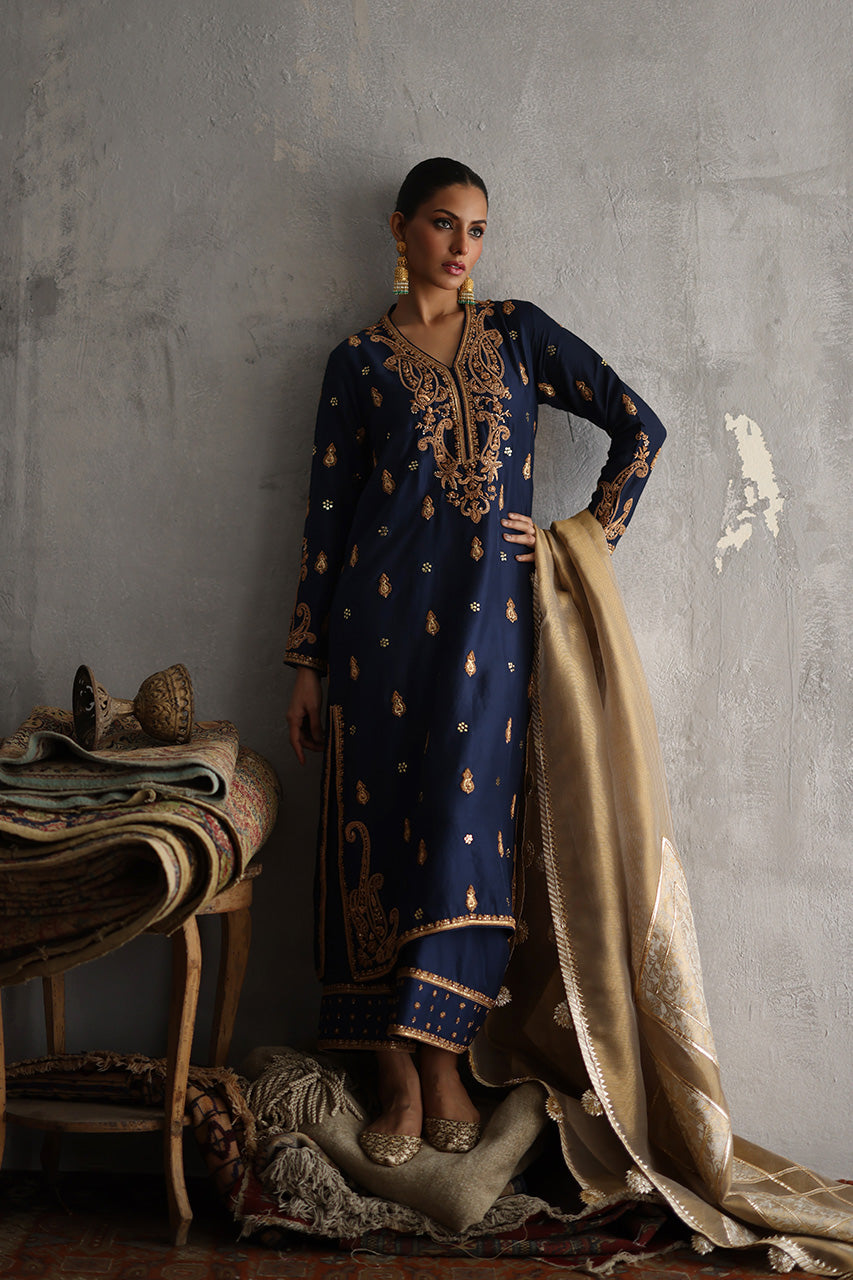 Navy Blue Marori Zardozi Raw Silk Kurta Set (3-Piece) - Image 5