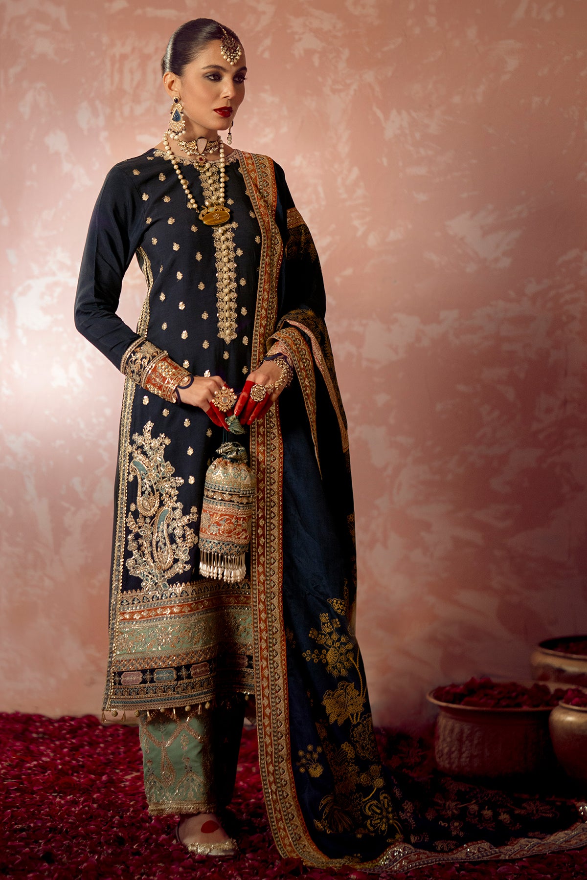 Pakistani Navy Resham Embroidered Rawsilk Salwar Kameez (3-Piece) - Image 1