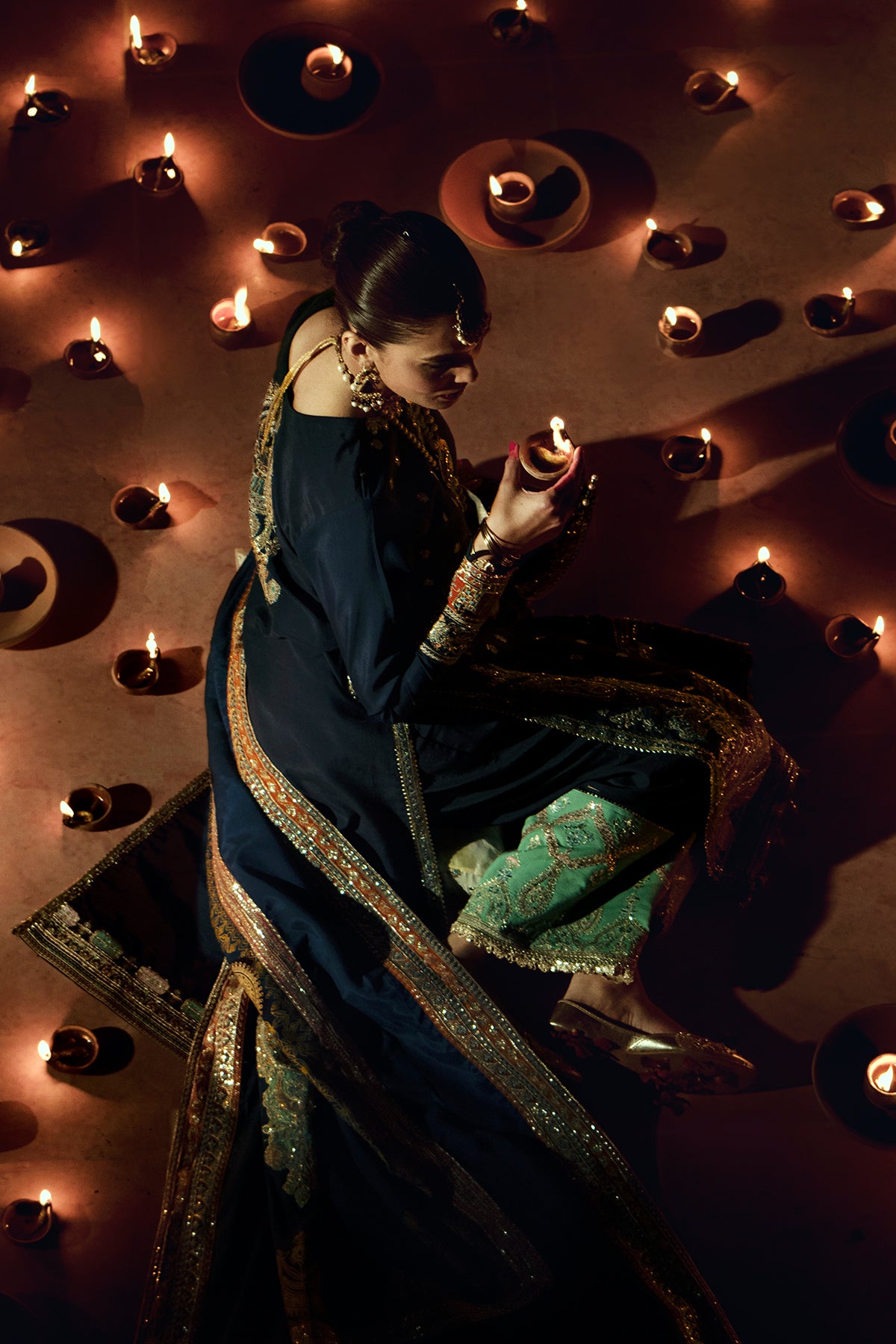 Pakistani Navy Resham Embroidered Rawsilk Salwar Kameez (3-Piece) - Image 11