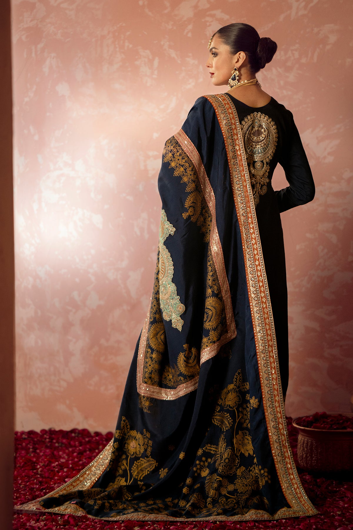 Pakistani Navy Resham Embroidered Rawsilk Salwar Kameez (3-Piece) - Image 2