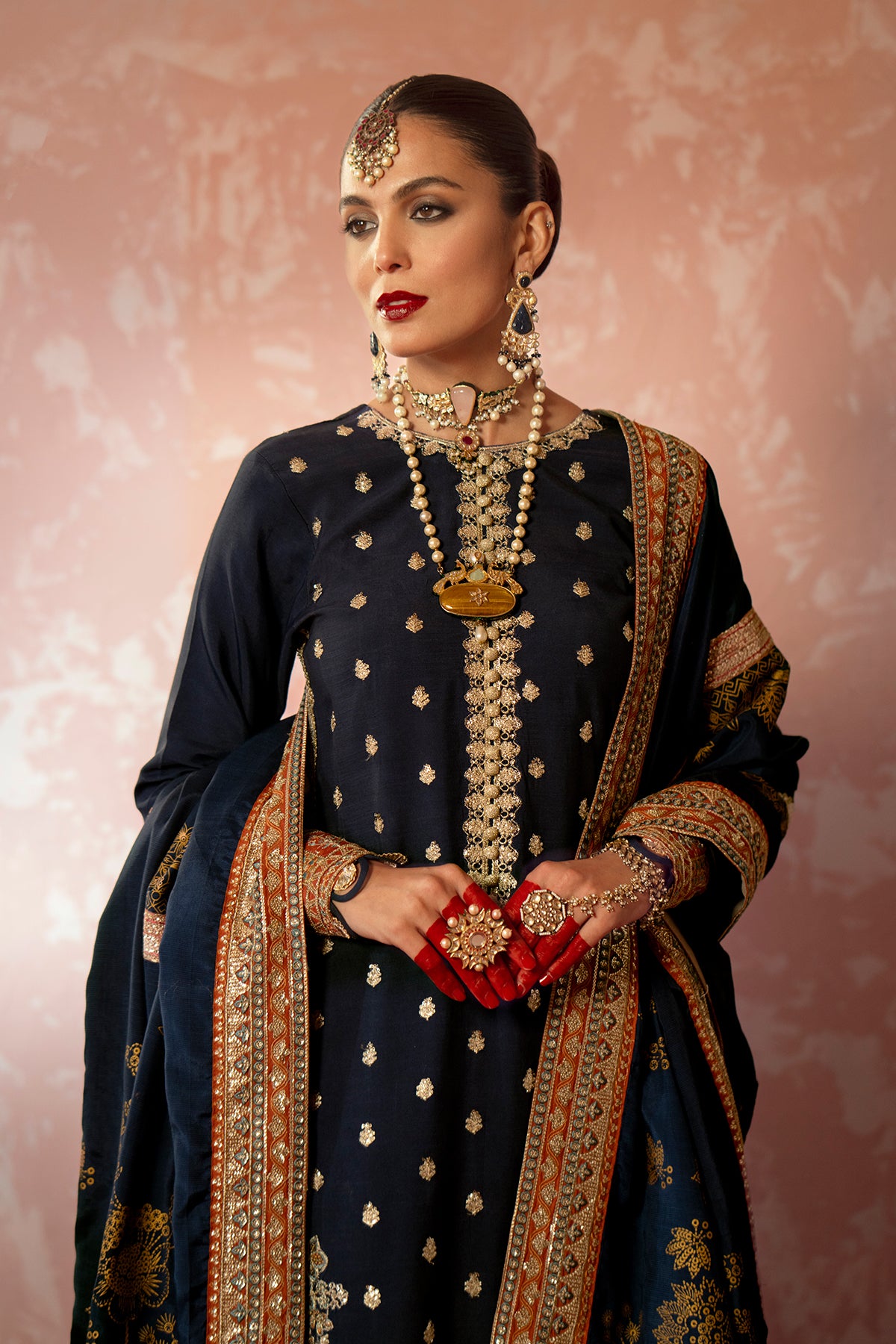 Pakistani Navy Resham Embroidered Rawsilk Salwar Kameez (3-Piece) - Image 3