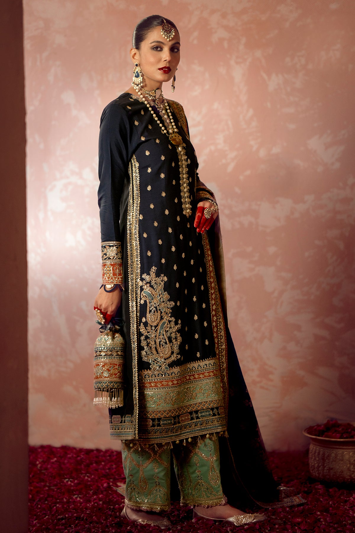Pakistani Navy Resham Embroidered Rawsilk Salwar Kameez (3-Piece) - Image 4