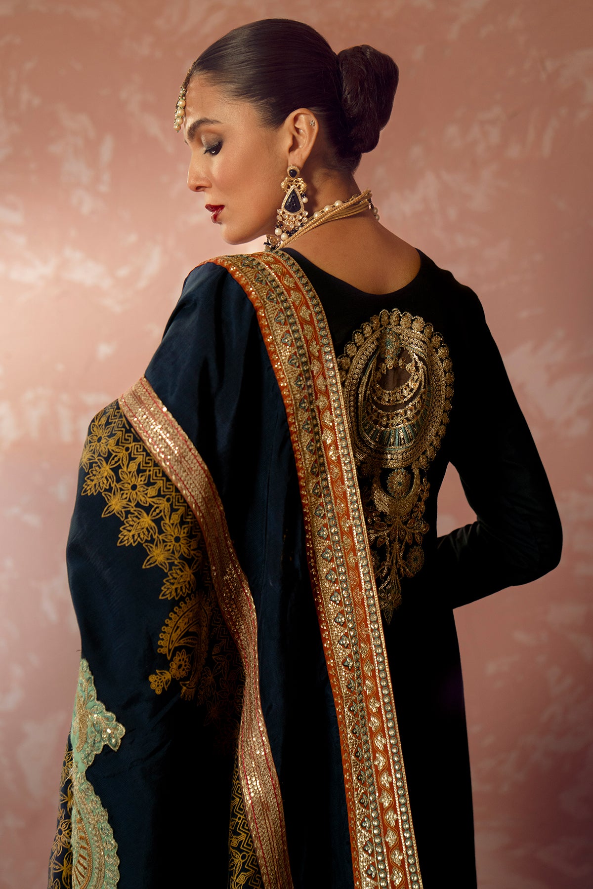Pakistani Navy Resham Embroidered Rawsilk Salwar Kameez (3-Piece) - Image 5