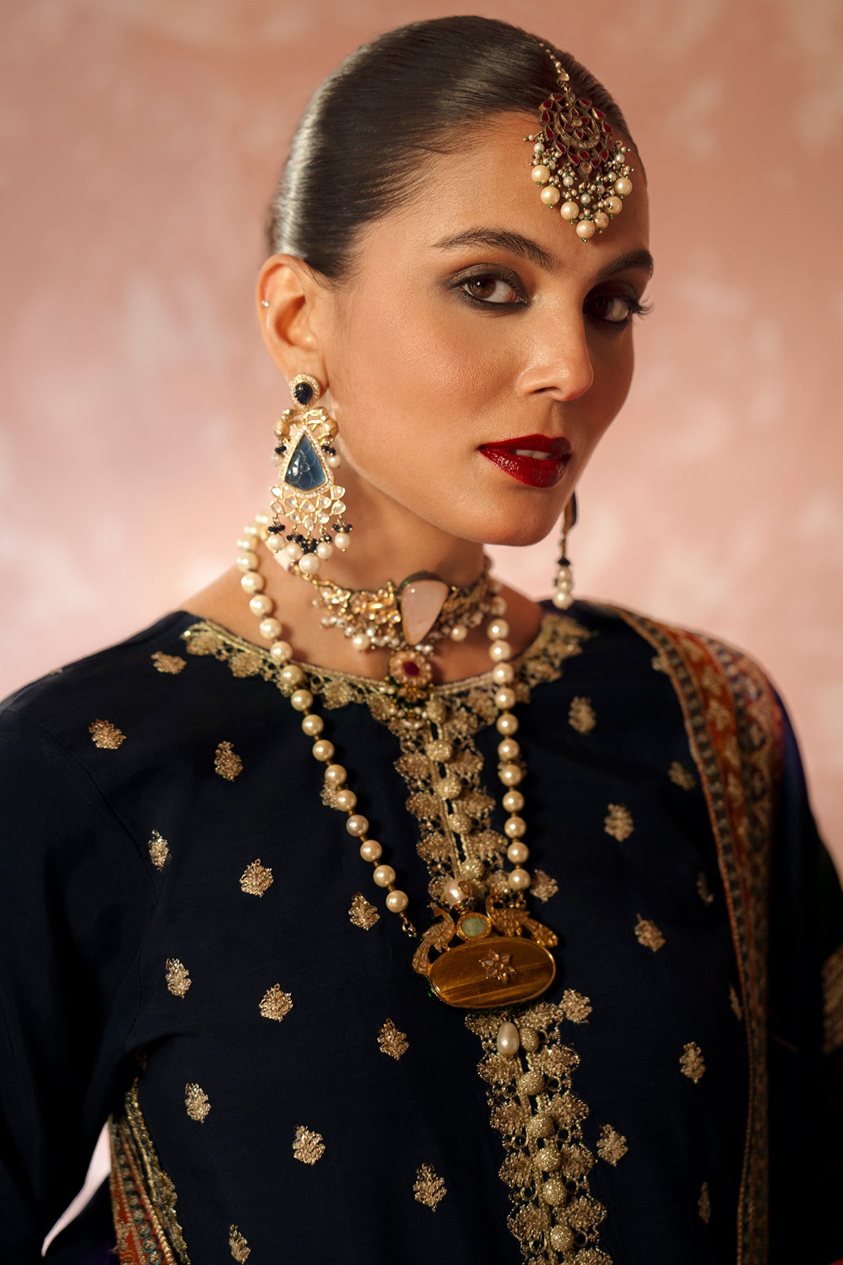 Pakistani Navy Resham Embroidered Rawsilk Salwar Kameez (3-Piece) - Image 7