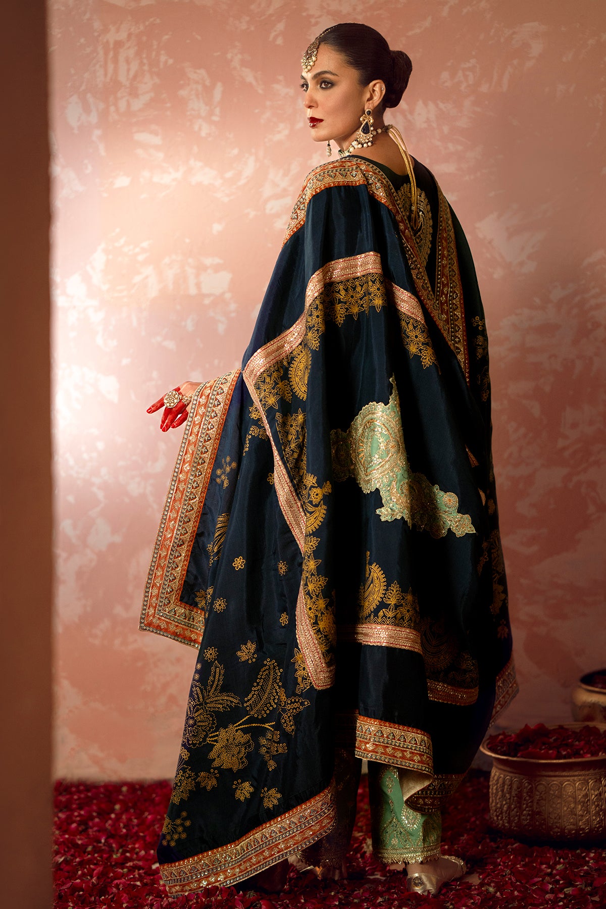 Pakistani Navy Resham Embroidered Rawsilk Salwar Kameez (3-Piece) - Image 8