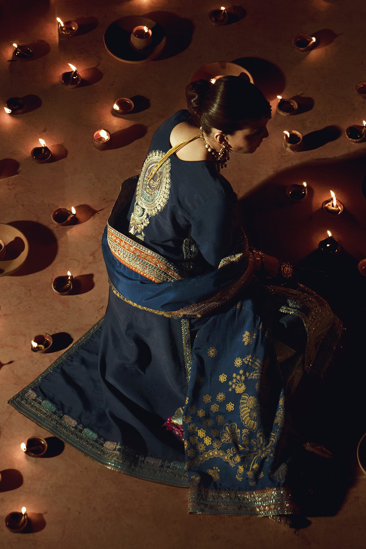 Pakistani Navy Resham Embroidered Rawsilk Salwar Kameez (3-Piece) - Image 9