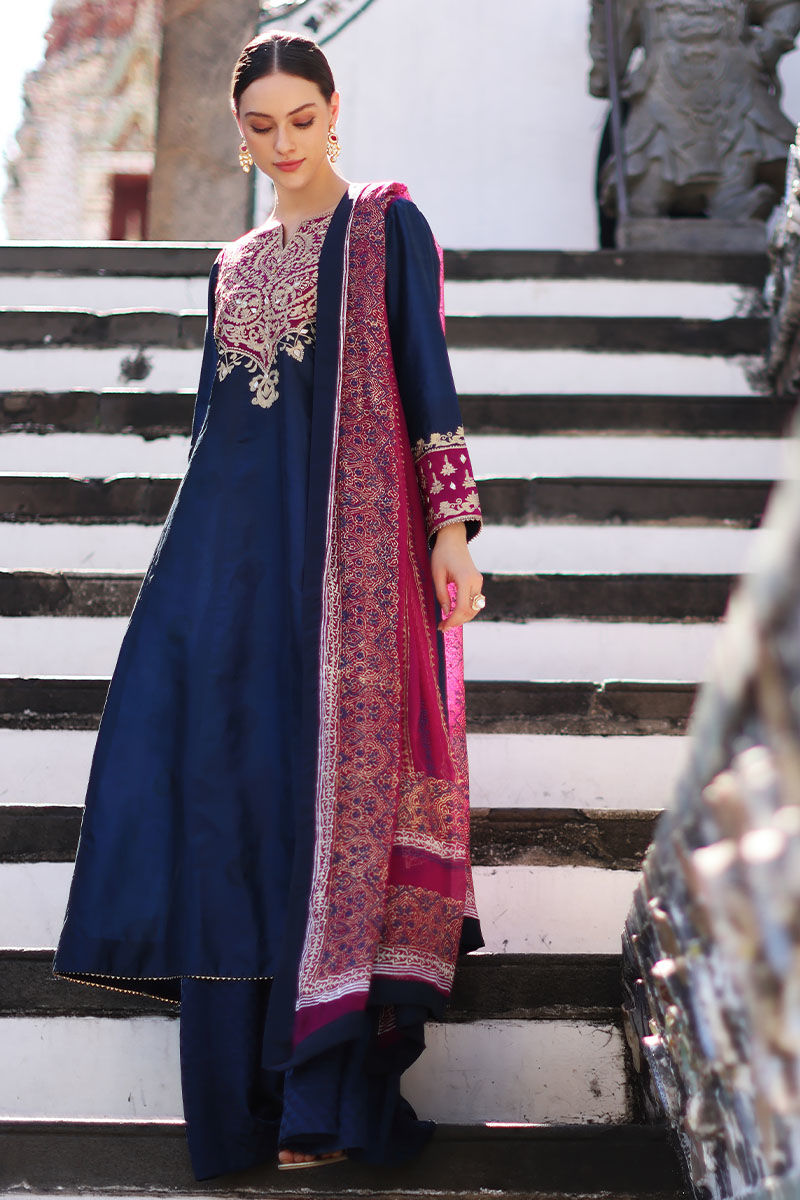 Pakistani Navy Blue Embroidered Silk-Blend Salwar Kameez (3-Piece) - Image 1