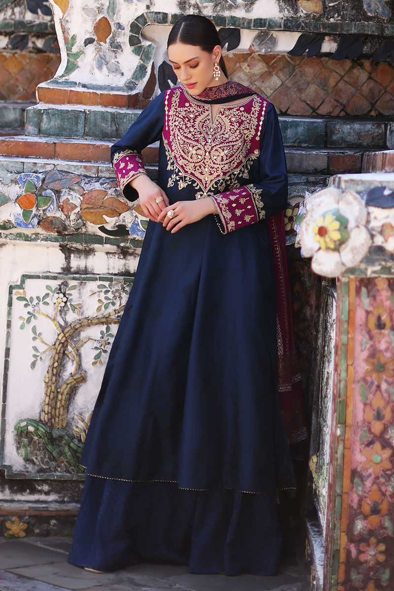 Pakistani Navy Blue Embroidered Silk-Blend Salwar Kameez (3-Piece) - Image 3