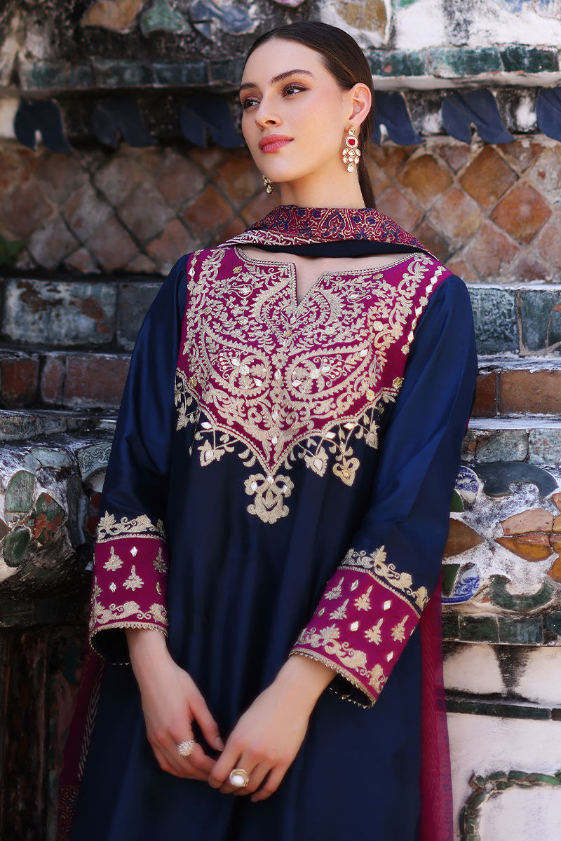Pakistani Navy Blue Embroidered Silk-Blend Salwar Kameez (3-Piece) - Image 5