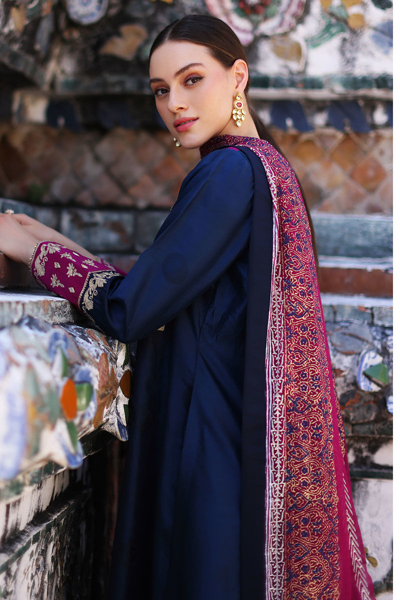 Pakistani Navy Blue Embroidered Silk-Blend Salwar Kameez (3-Piece) - Image 6