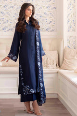 Navy Blue Floral Hand-Cutwork Silk Salwar Kameez (3-Piece) - Image 4