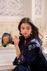 Navy Blue Floral Hand-Cutwork Silk Salwar Kameez (3-Piece) - Image 6