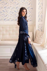 Navy Blue Floral Hand-Cutwork Silk Salwar Kameez (3-Piece) - Image 7
