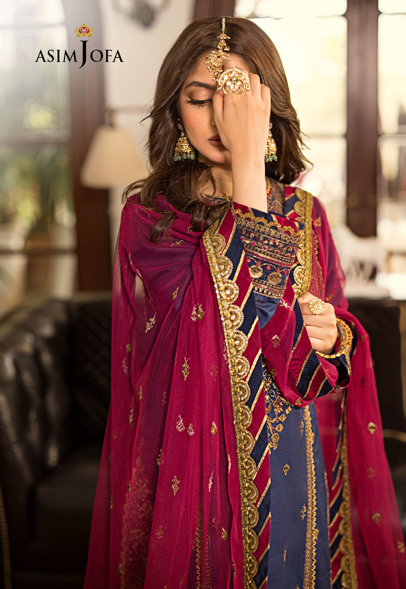 Pakistani Navy Blue Zari Embroidered Silk 3-Piece Suit - Image 1