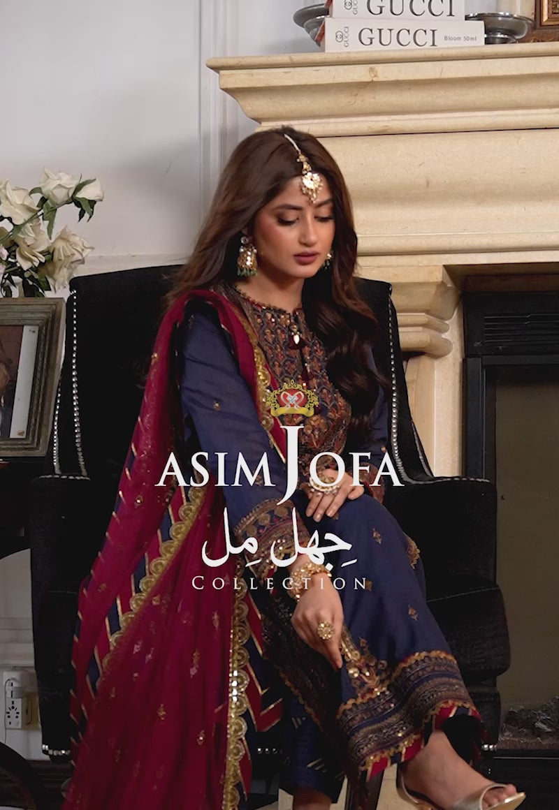 Pakistani Navy Blue Zari Embroidered Silk 3-Piece Suit - Image 2