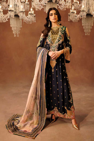 Pakistani Navy Hand-Embellished Tissue Silk Salwar Kameez (3-Piece) - Image 2