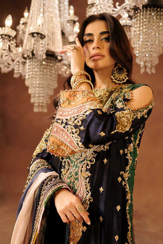 Pakistani Navy Hand-Embellished Tissue Silk Salwar Kameez (3-Piece) - Image 3