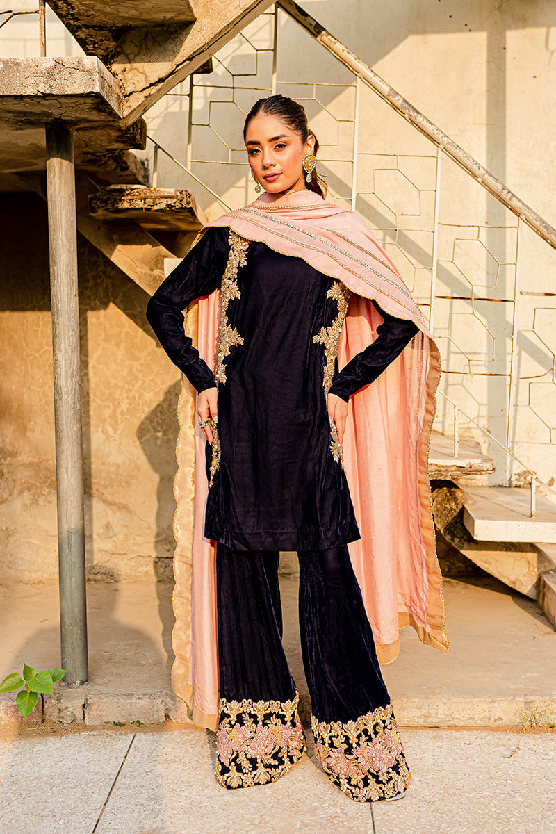 Pakistani Navy Blue Embroidered Velvet Boot-Cut Suit (3-Piece) - Image 1