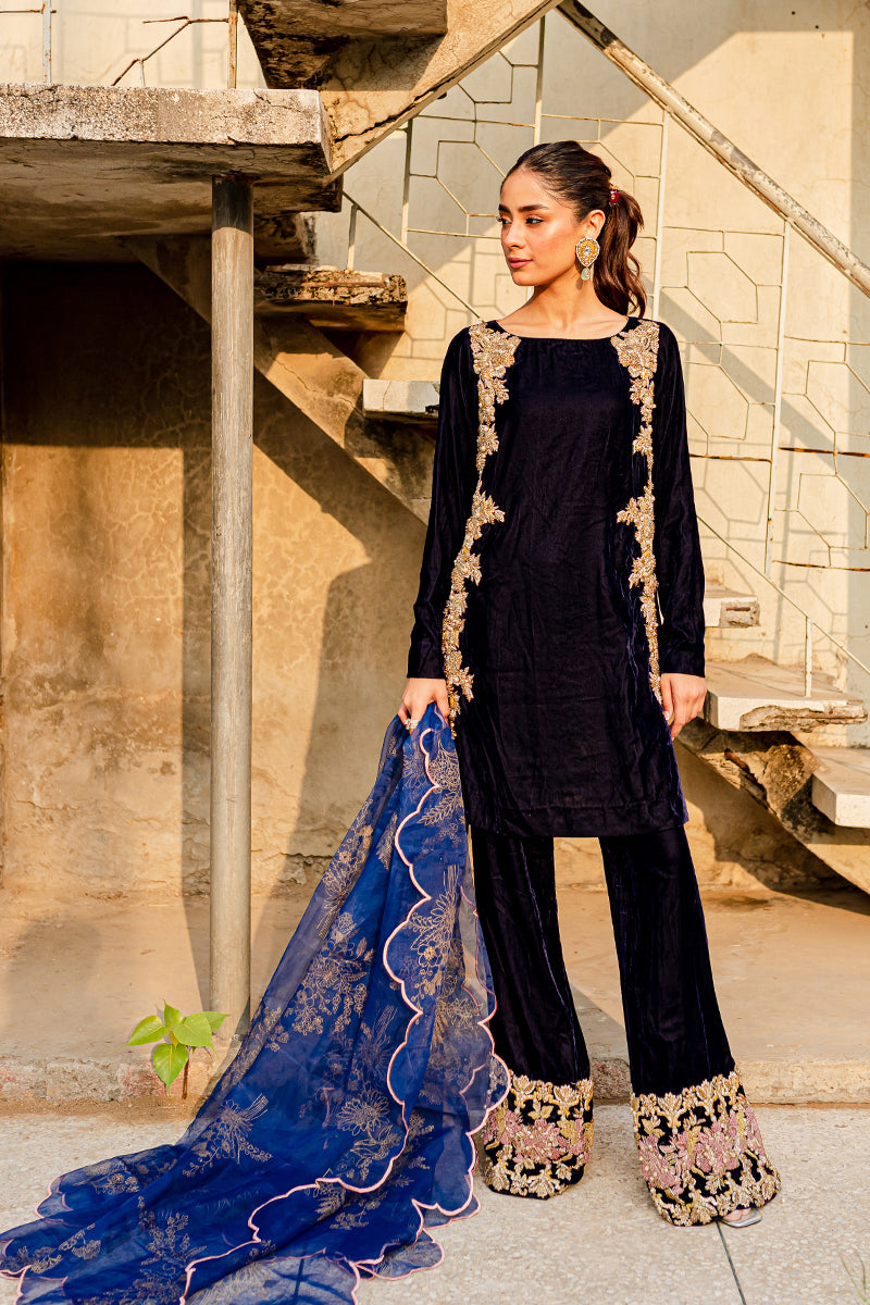 Pakistani Navy Blue Embroidered Velvet Boot-Cut Suit (3-Piece) - Image 2