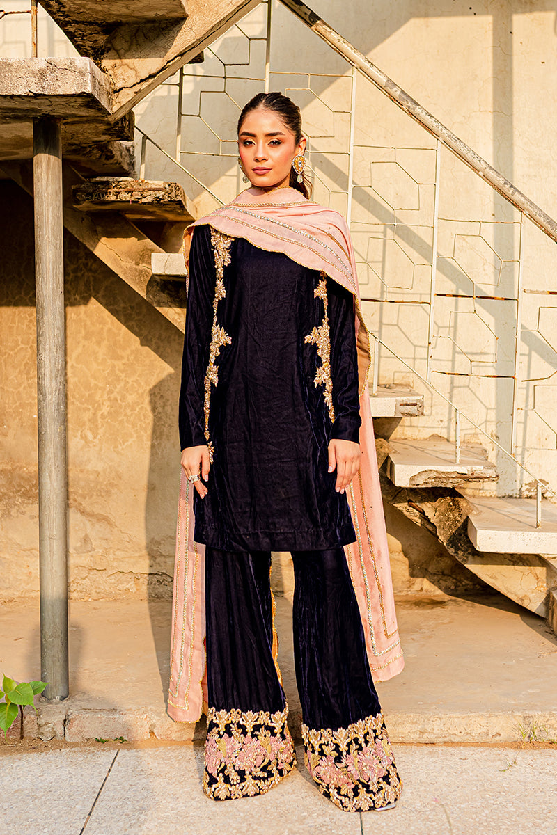 Pakistani Navy Blue Embroidered Velvet Boot-Cut Suit (3-Piece) - Image 4