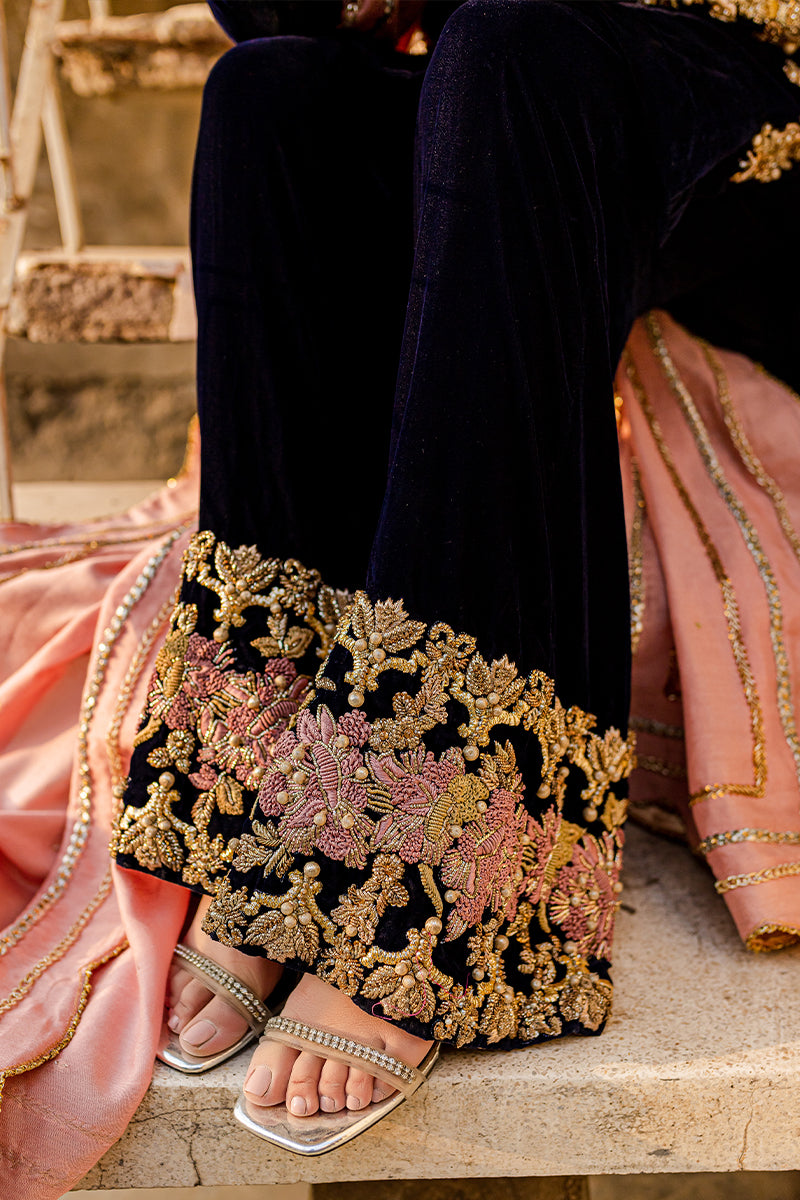Pakistani Navy Blue Embroidered Velvet Boot-Cut Suit (3-Piece) - Image 5
