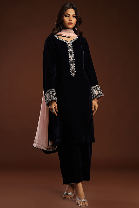 Navy Blue Hand-Embroidered Velvet Salwar Kameez (3-Piece) - Image 2