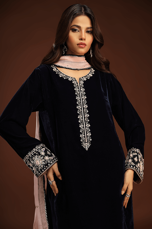 Navy Blue Hand-Embroidered Velvet Salwar Kameez (3-Piece) - Image 3