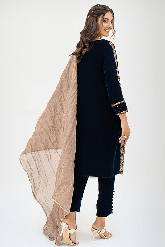 Pakistani Navy Blue Embellished Velvet Salwar Kameez (3-Piece) - Image 1