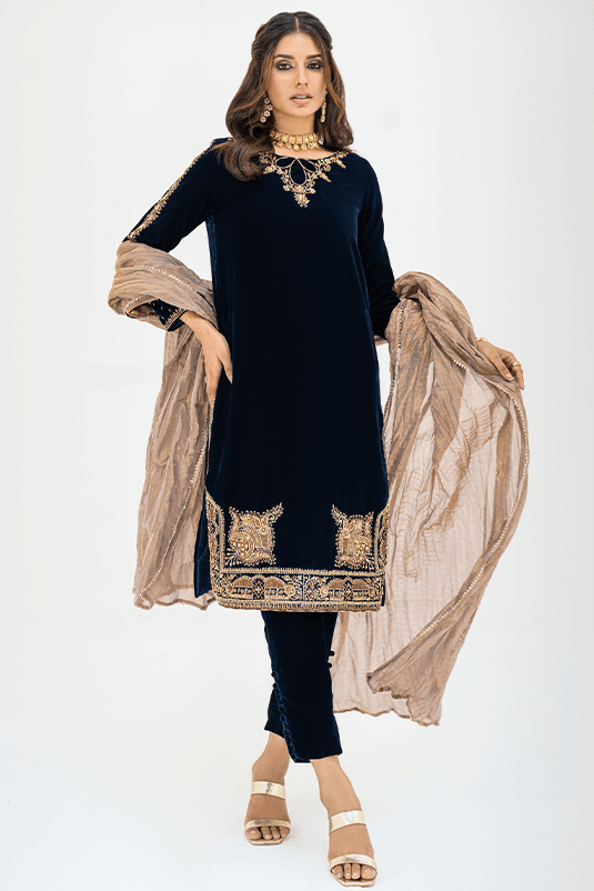 Navy Blue Kora Dabka Velvet Salwar Kameez (3-Piece) - Image 2