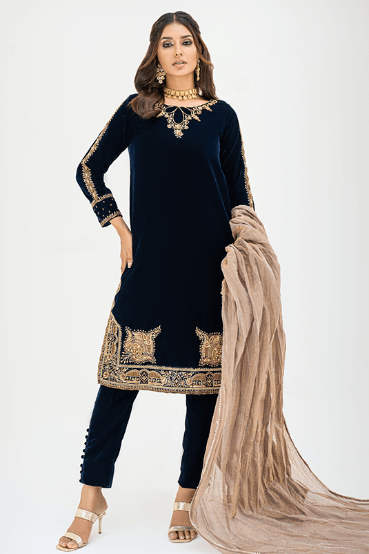 Navy Blue Kora Dabka Velvet Salwar Kameez (3-Piece) - Image 3