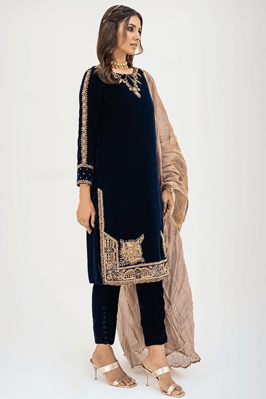 Navy Blue Kora Dabka Velvet Salwar Kameez (3-Piece) - Image 4