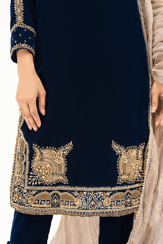 Navy Blue Kora Dabka Velvet Salwar Kameez (3-Piece) - Image 6