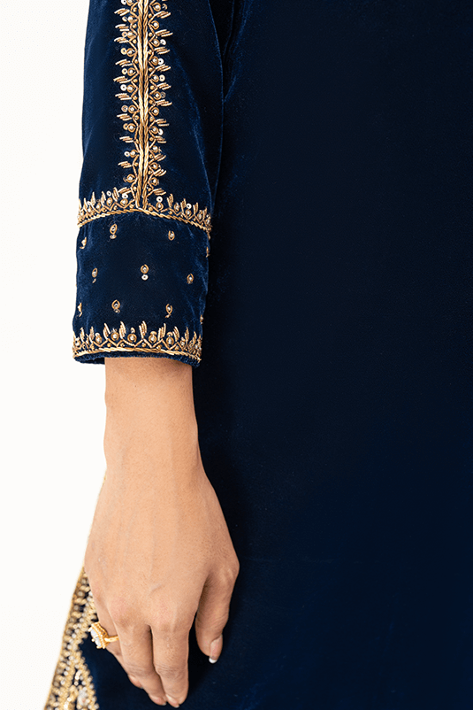 Navy Blue Kora Dabka Velvet Salwar Kameez (3-Piece) - Image 7