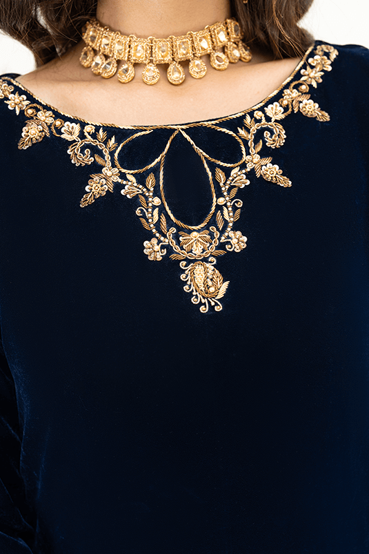 Navy Blue Kora Dabka Velvet Salwar Kameez (3-Piece) - Image 8
