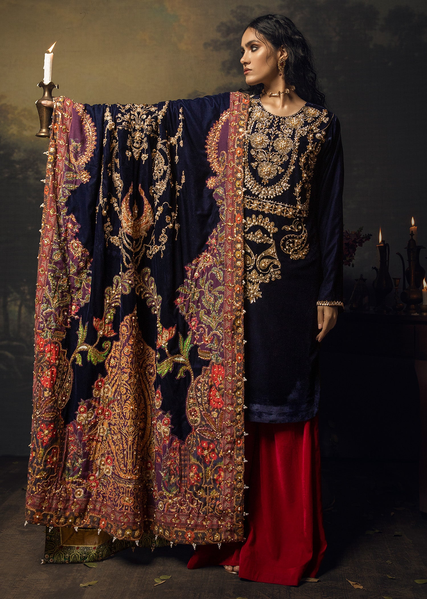 Navy Blue Embellished Velvet Salwar Kameez (3-Piece) - Image 1