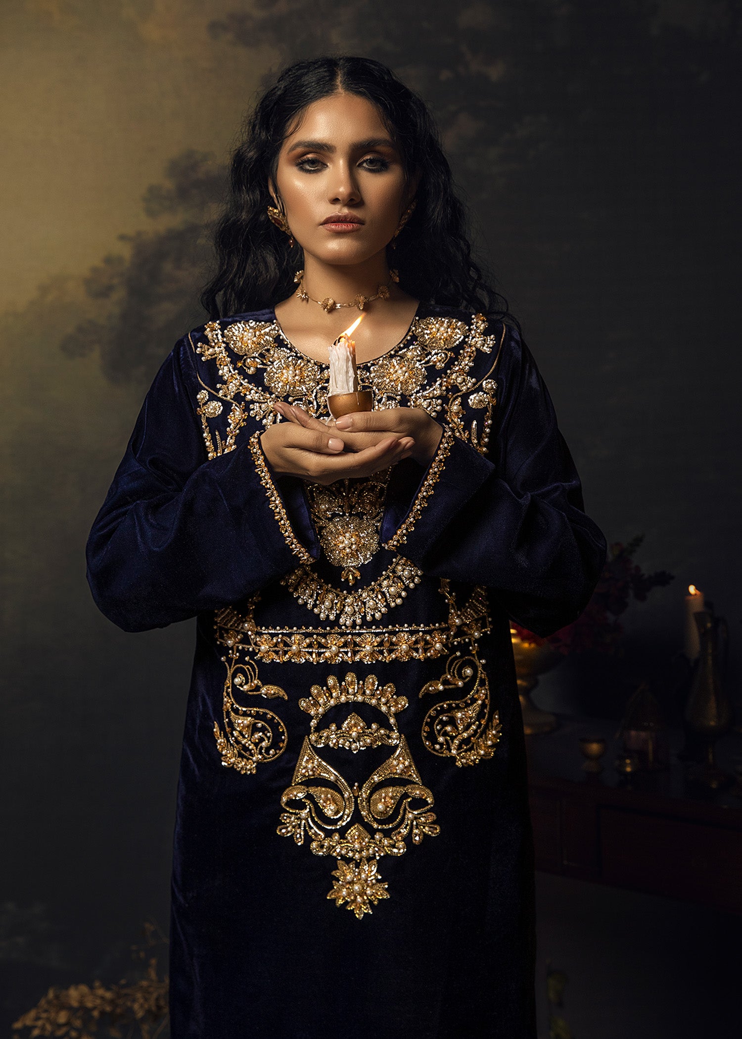 Navy Blue Embellished Velvet Salwar Kameez (3-Piece) - Image 2