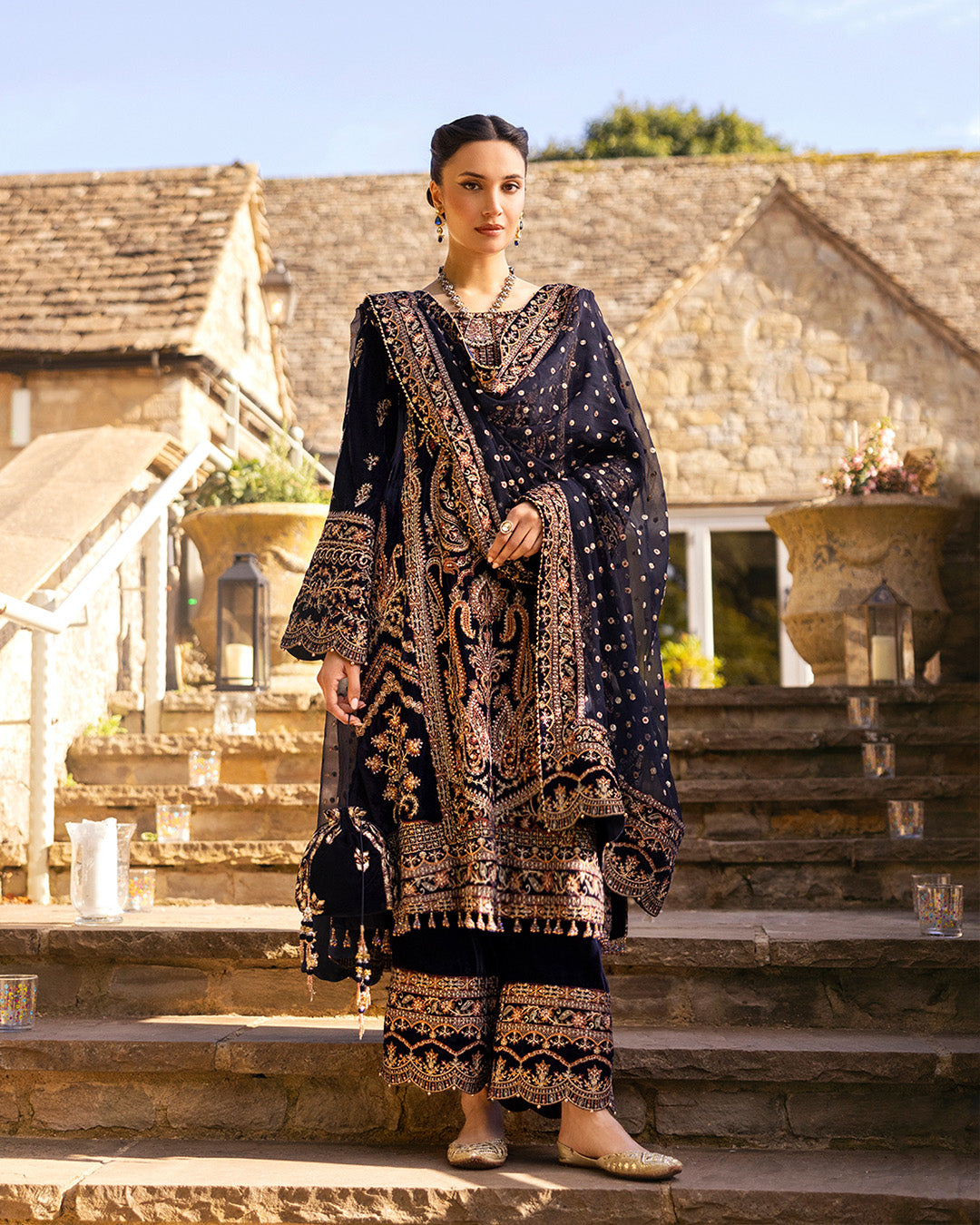 Navy Blue Embroidered Velvet Salwar Kameez (3-Piece) - Image 3