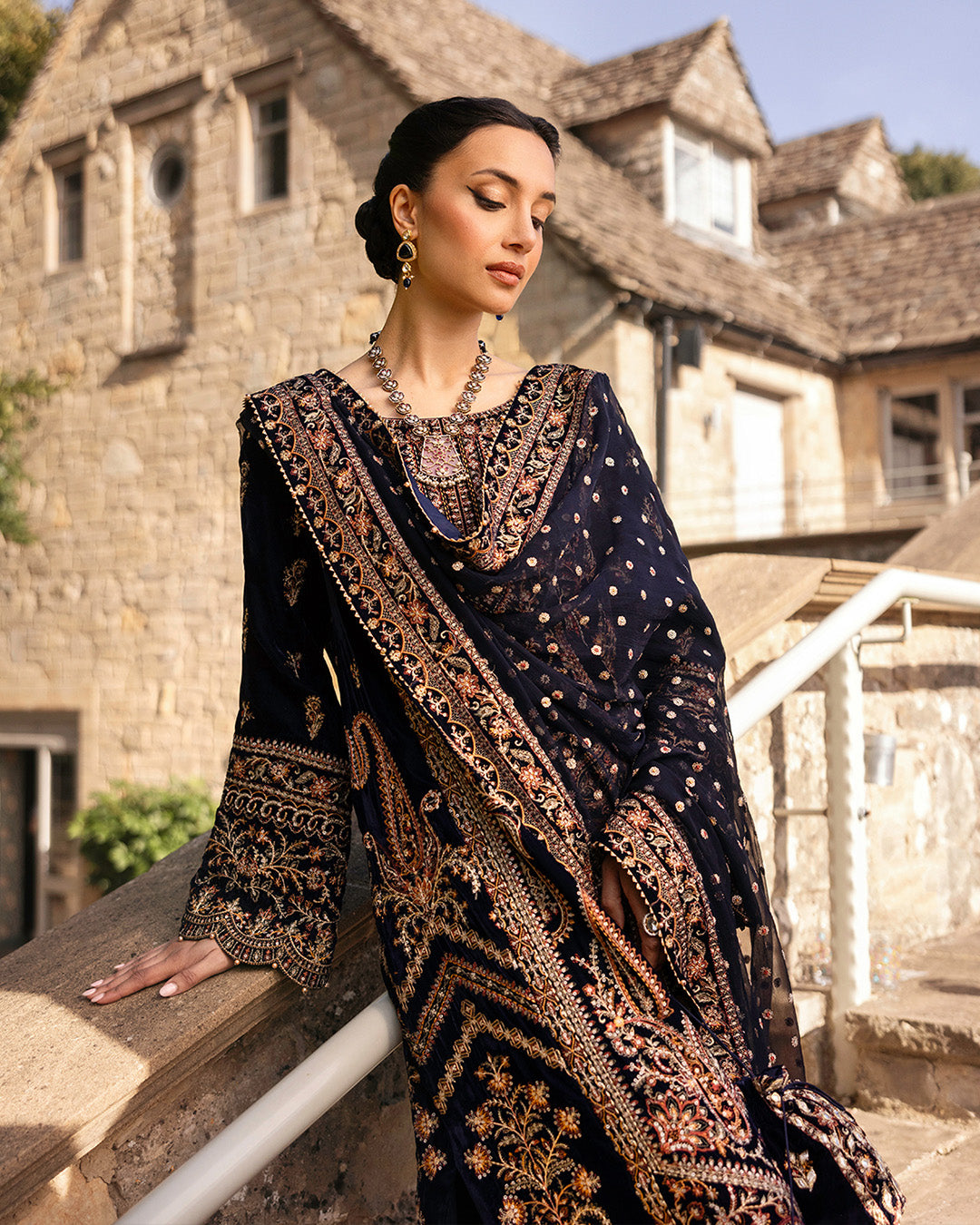 Navy Blue Embroidered Velvet Salwar Kameez (3-Piece) - Image 4