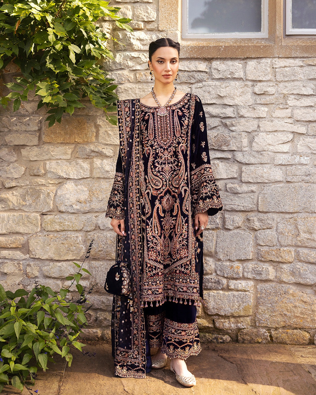 Navy Blue Embroidered Velvet Salwar Kameez (3-Piece) - Image 1